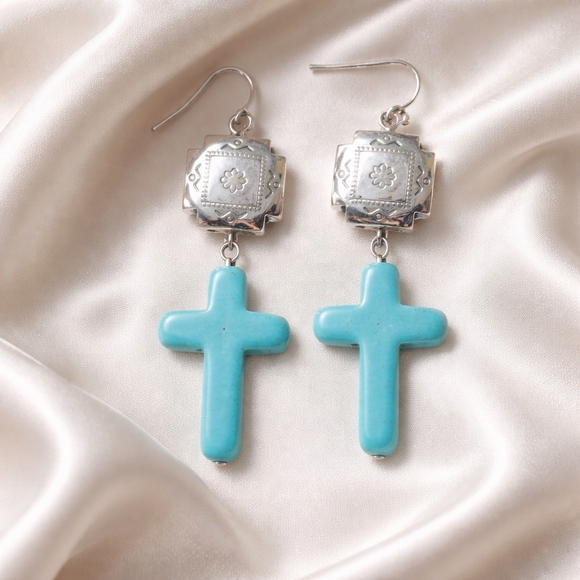 ICON Jewelry - Western Style Cross Semi Stone Turquoise Dangle Earrings